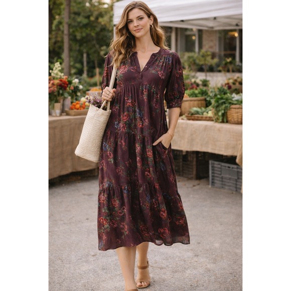 NATURAL LIFE Dresses & Skirts - Natural Life Rebecca Boho Floral Midi Dress Puff Sleeve Tiered XL